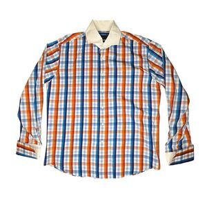 Tiglio Luxe Doppio Ritorio Sz 17 34/35 Cotton Button Shirt Blue Red Orange Plaid